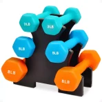 3 Pair Neoprene Coated Hexagon Shaped Dumbbell Set with 3, 5, and 8 Pound Hand Weights, Weight Stand, and Assembly Tool