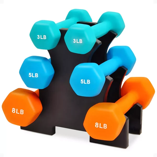 3 Pair Neoprene Coated Hexagon Shaped Dumbbell Set with 3, 5, and 8 Pound Hand Weights, Weight Stand, and Assembly Tool